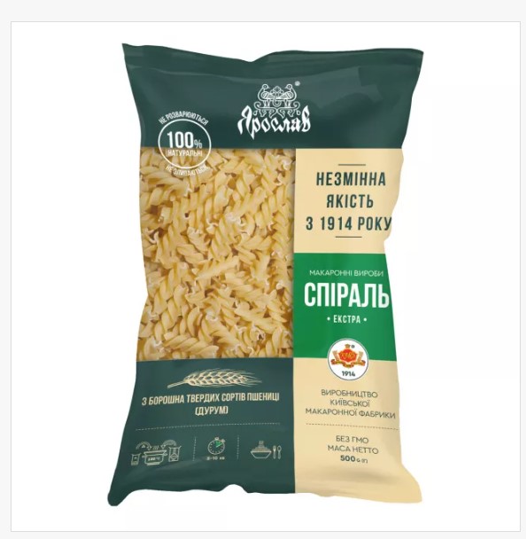 Макаронні вироби із борошна твердих сортів пшениці група А, тип спіраль, бренд Ярослав